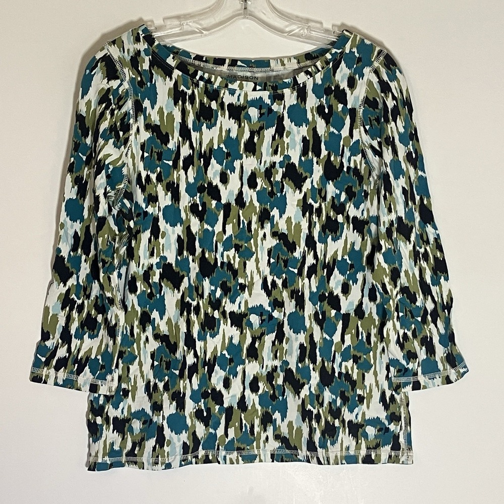Madison Organics Top Womens Medium Blue Floral Knit Stretch 3/4‎ Sleeve Casual M